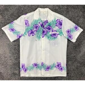 Royal Hawaiian Creations Men’s Shirt Large White Purple Hibiscus Floral